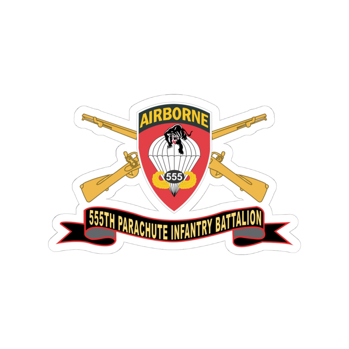 Kiss-Cut Stickers - Army - 555th Parachute Infantry Battalion - SSI - Black - Red w Br - Ribbon