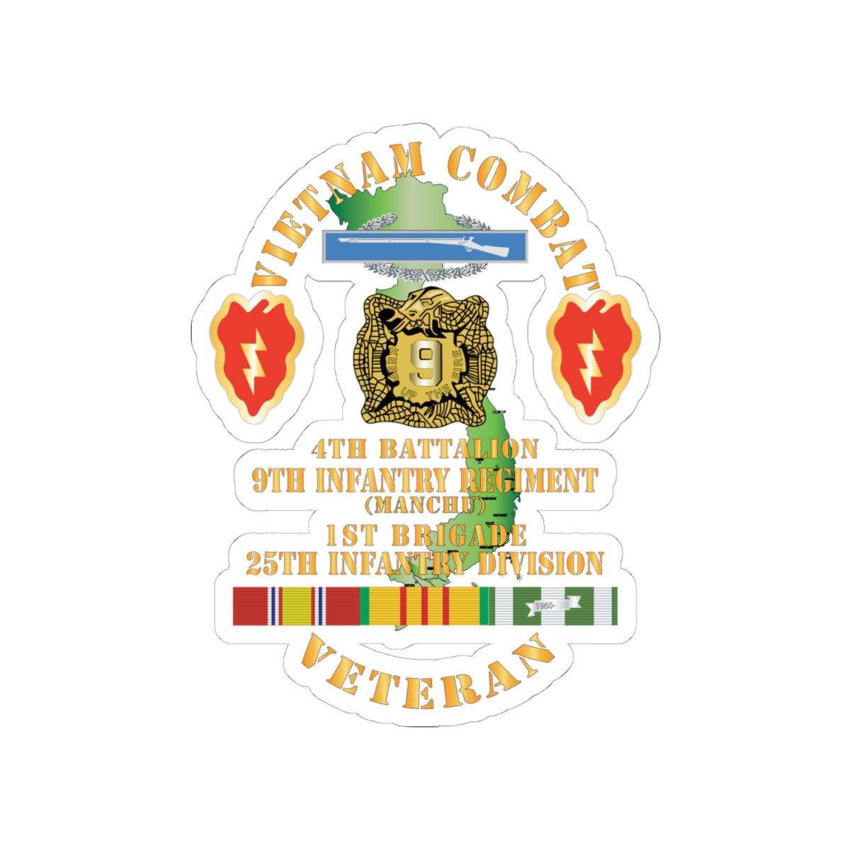 Kiss-Cut Stickers - Army - Vietnam Combat Infantry Veteran w 4th Bn 9th Infantry - Manchu - 25th ID SSI X 300