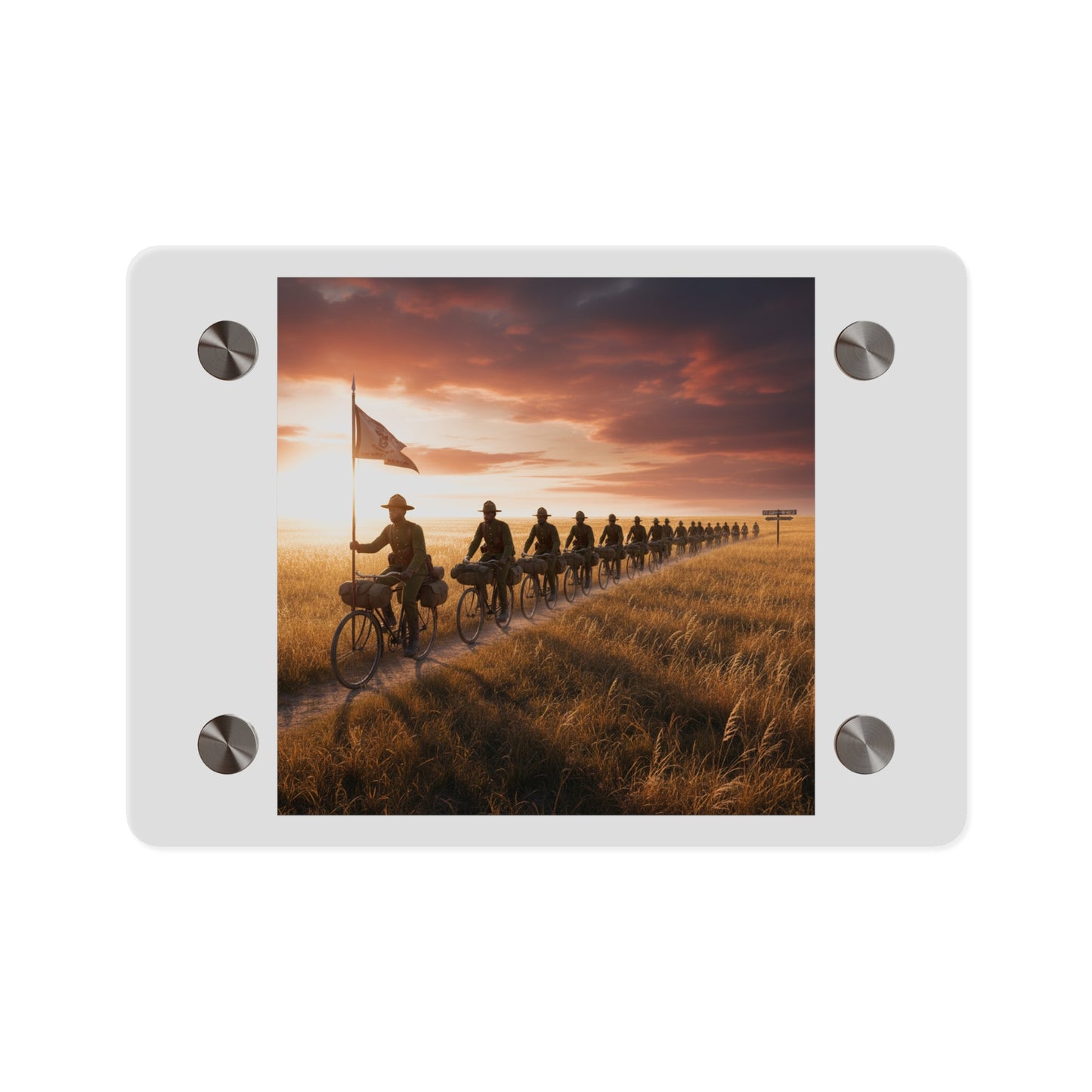 Acrylic Wall Art Panel - E Company 25th Infantry Buffalo Soldiers Bicycle Corps with Guidon on the Prairie at Sunset