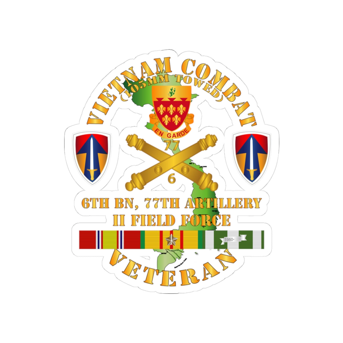 Kiss-Cut Stickers - Army - Vietnam Combat Veteran w 6th Bn 77th Artillery DUI - II Field Force w VN SVC