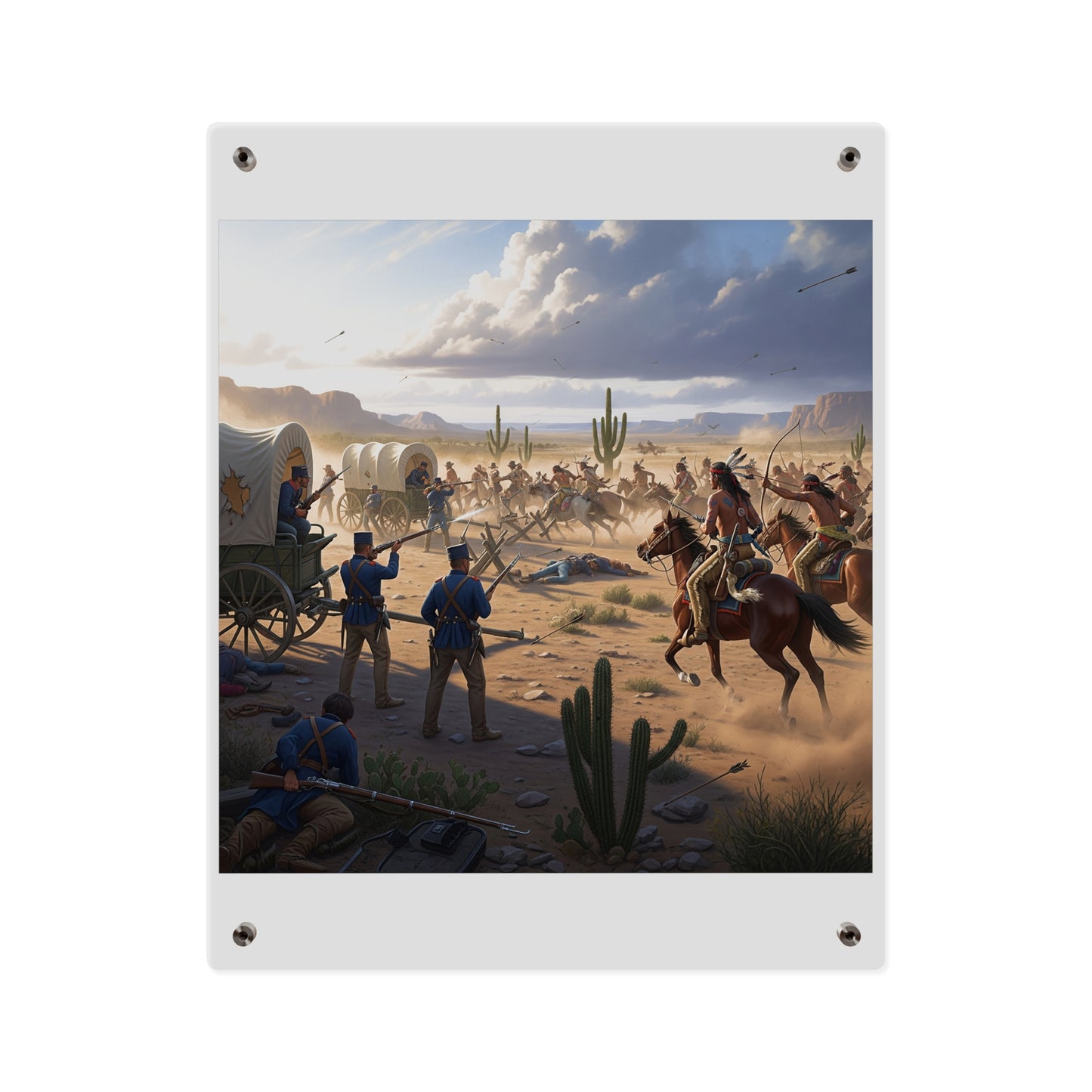 Acrylic Wall Art Panel - Apache Indians attacking a US Army defending a wagon train