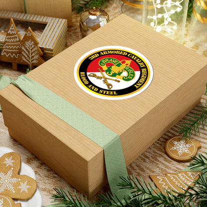 Blood and Steel 3rd Armored Cavalry Regiment commemorative sticker on a wooden box