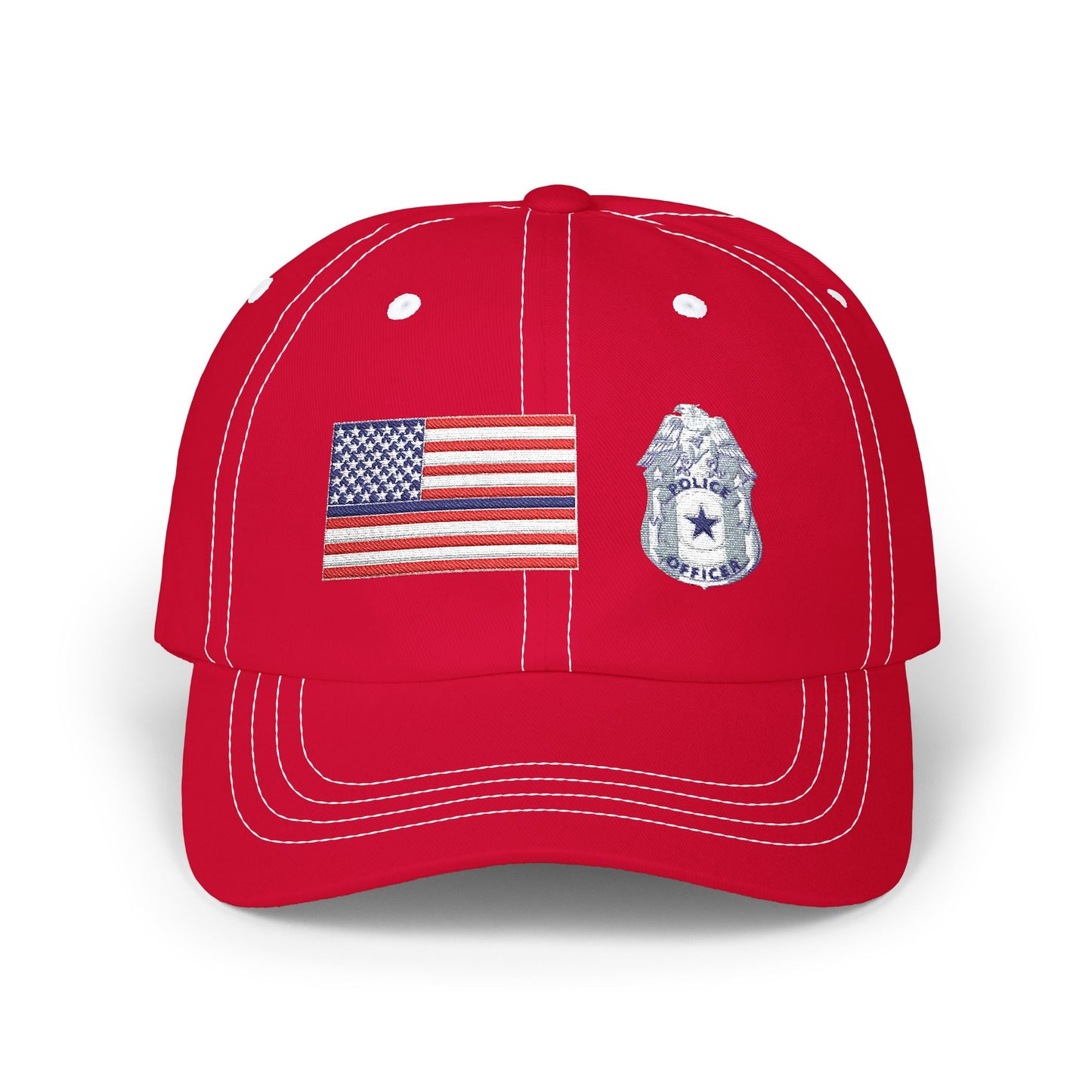 Hat - Classic Dad Cap American Flag with Police Blue Stripe and Badge