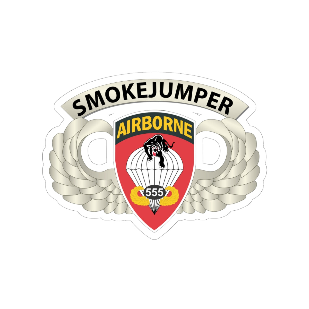 Kiss-Cut Stickers - Army - Airborne Badge - 555th Parachute Infantry Bn - SSI w SmokeJumper Tab