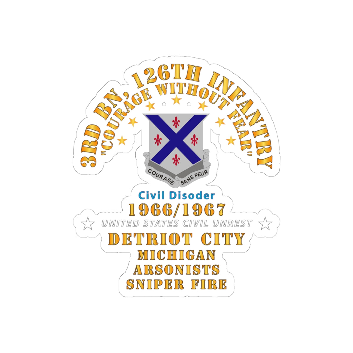 Kiss-Cut Stickers - Army - 3rd Bn 126th Infantry Detroit City MI - Arson - Sniper 1966 - 1967 - Civil Disorder