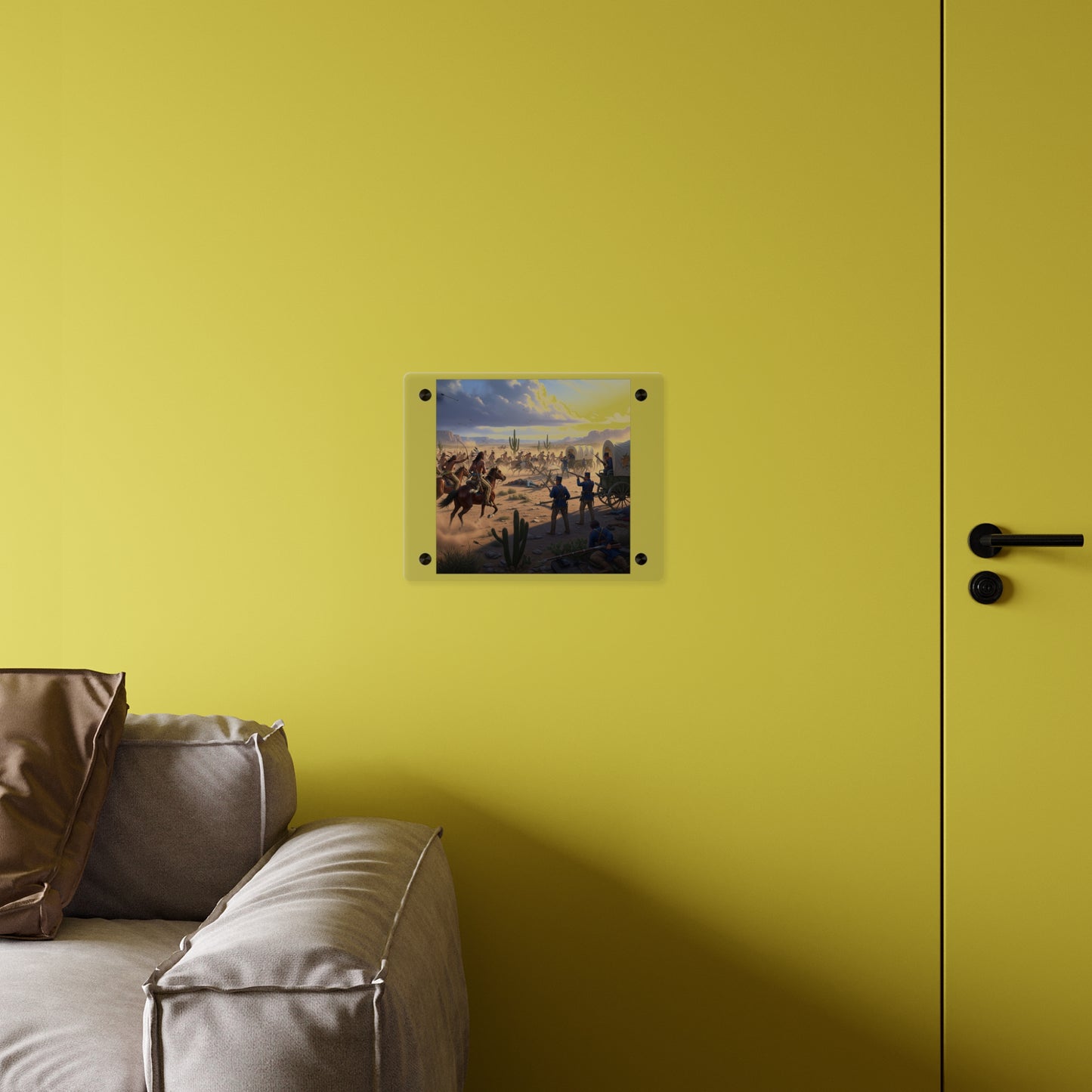 Acrylic Wall Art Panel - Apache Indians attacking a US Army defending a wagon train