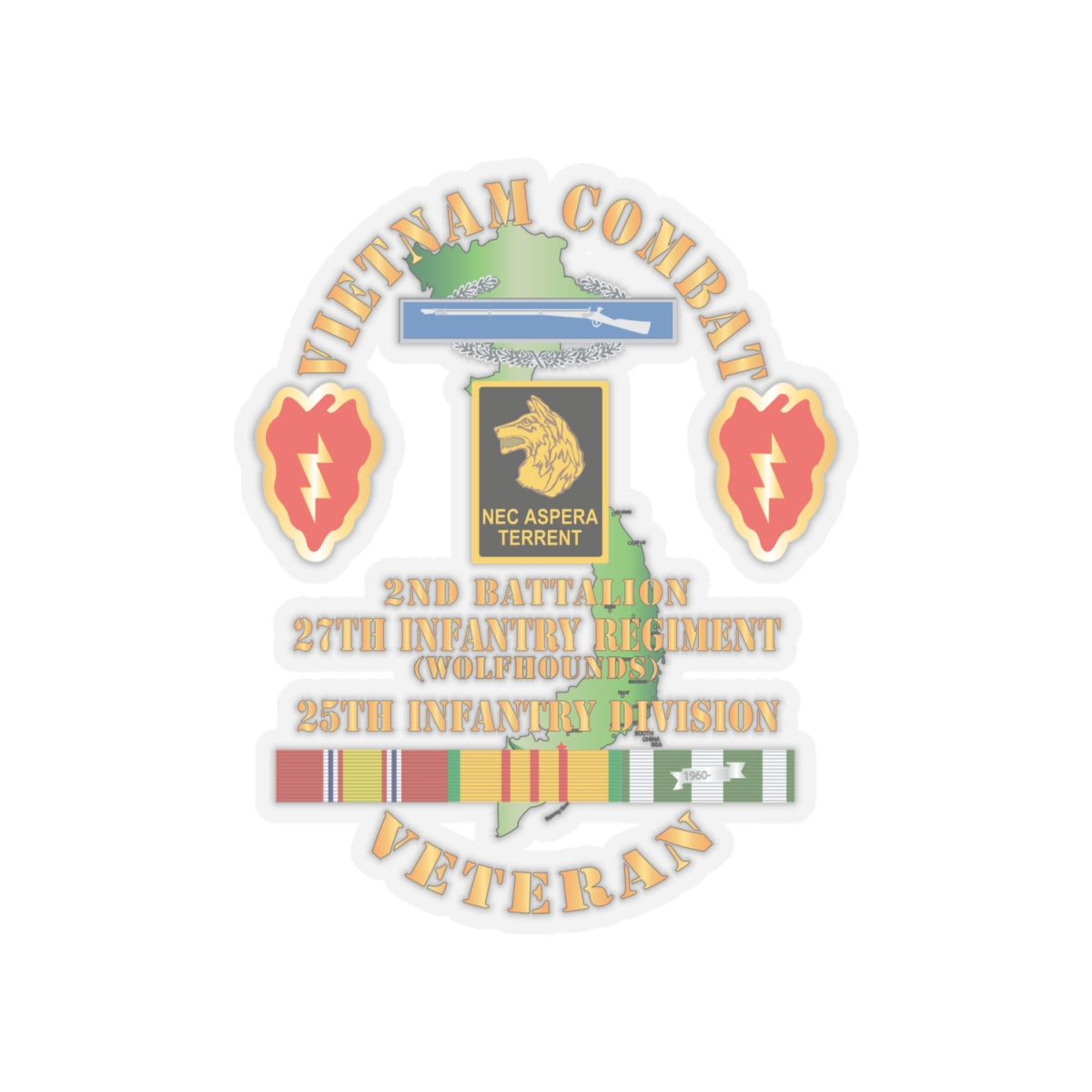 Kiss-Cut Stickers - Army - Vietnam Combat Infantry Veteran w 2nd Bn 27th Inf - Wolfhounds - 25th ID SSI X 300