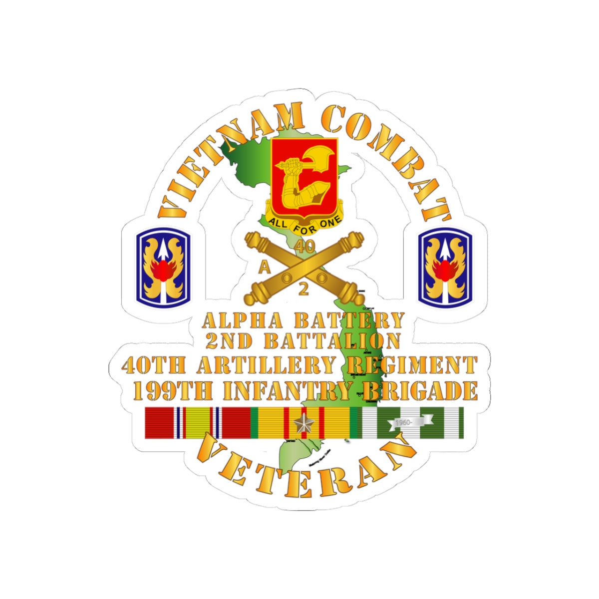 Kiss-Cut Stickers - Army - Vietnam Combat Vet - Alpha Battery, 2nd Bn 40th Artillery - 199th Infantry Bde  - VN  SVC