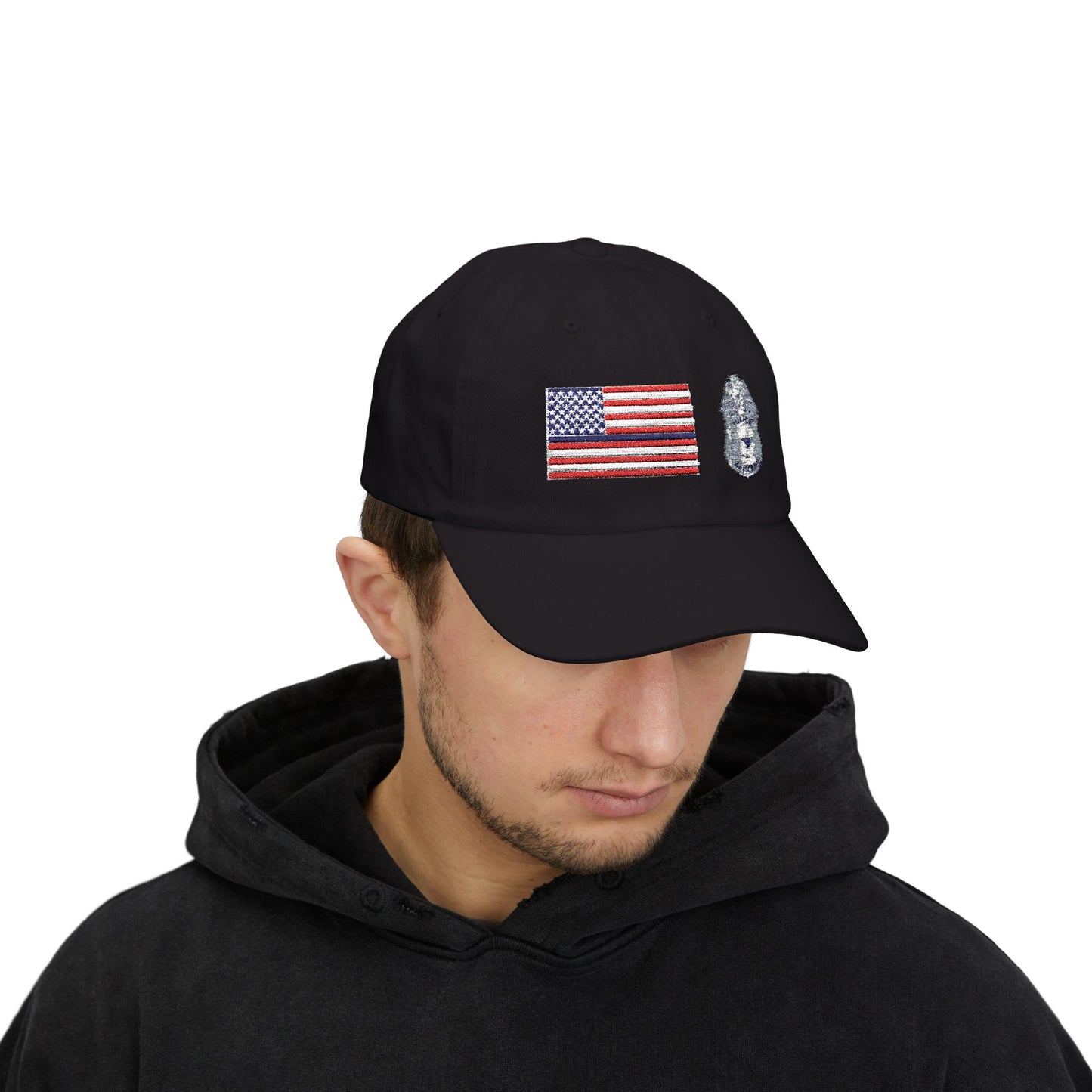 Hat - Classic Dad Cap American Flag with Police Blue Stripe and Badge