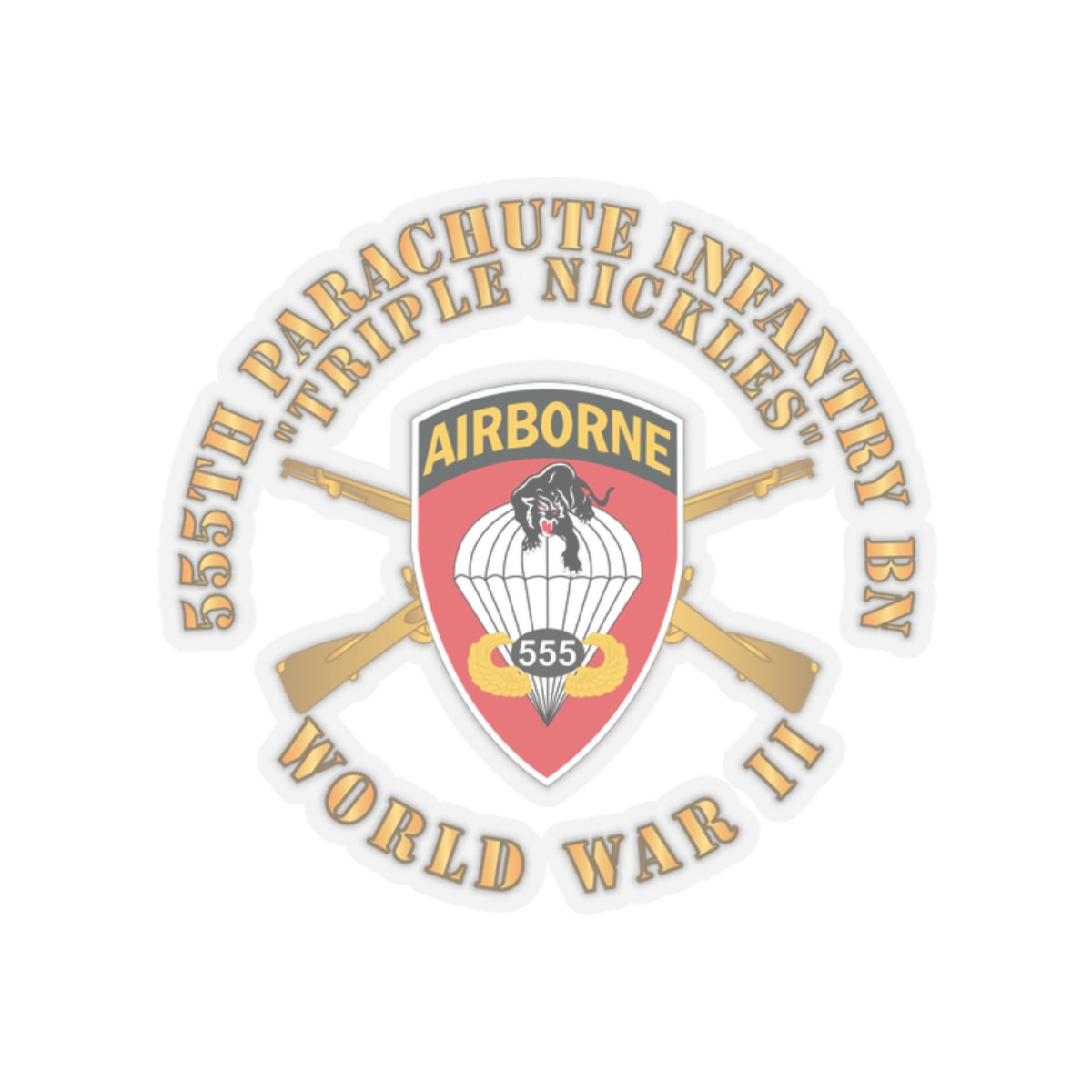 Kiss-Cut Stickers - Army - 555th Infantry Parachute Bn SSI - Triple Nickles - WWII w Br