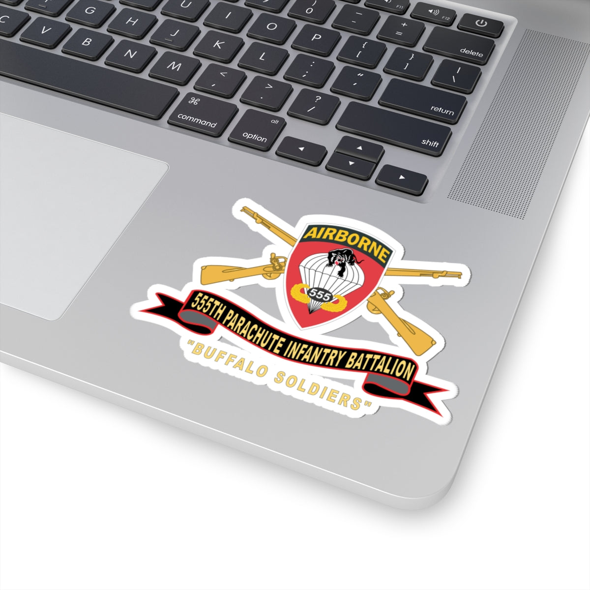 Kiss-Cut Stickers - Army - 555th Parachute Infantry Battalion - SSI - Black - Red Buffalo Soldiers w Br - Rib