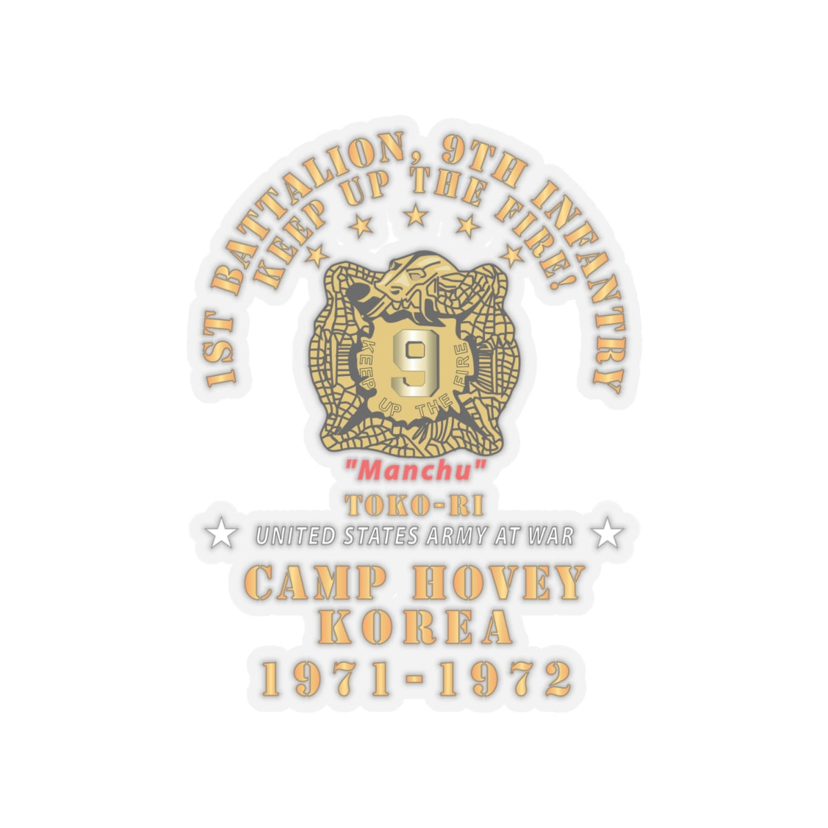 Kiss-Cut Stickers - Army - 1st Battalion, 9th Infantry - Manchus - Keep Up the Fire - Camp Hovey Korea - Toko-ri X 300