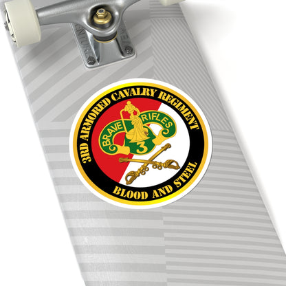 Blood and Steel 3rd Armored Cavalry Regiment commemorative sticker on a skateboard