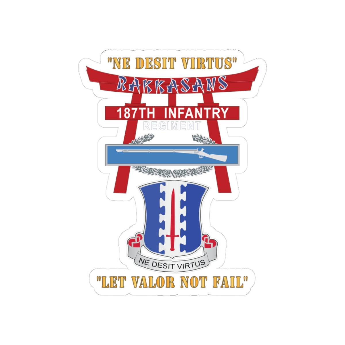 Kiss-Cut Stickers - Army - 187th Infantry Regiment - Torii, Rakkasans, Let Valor Not Fail, English, Latin w CIB