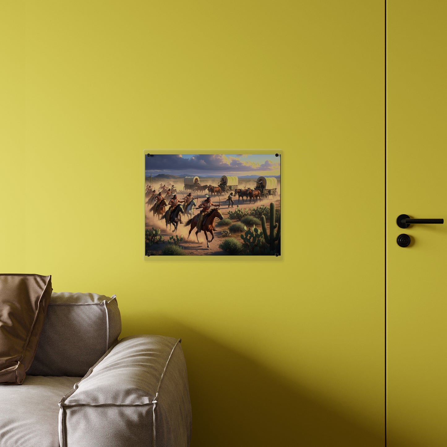 Acrylic Wall Art Panel - Apache Indians attacking a wagon train