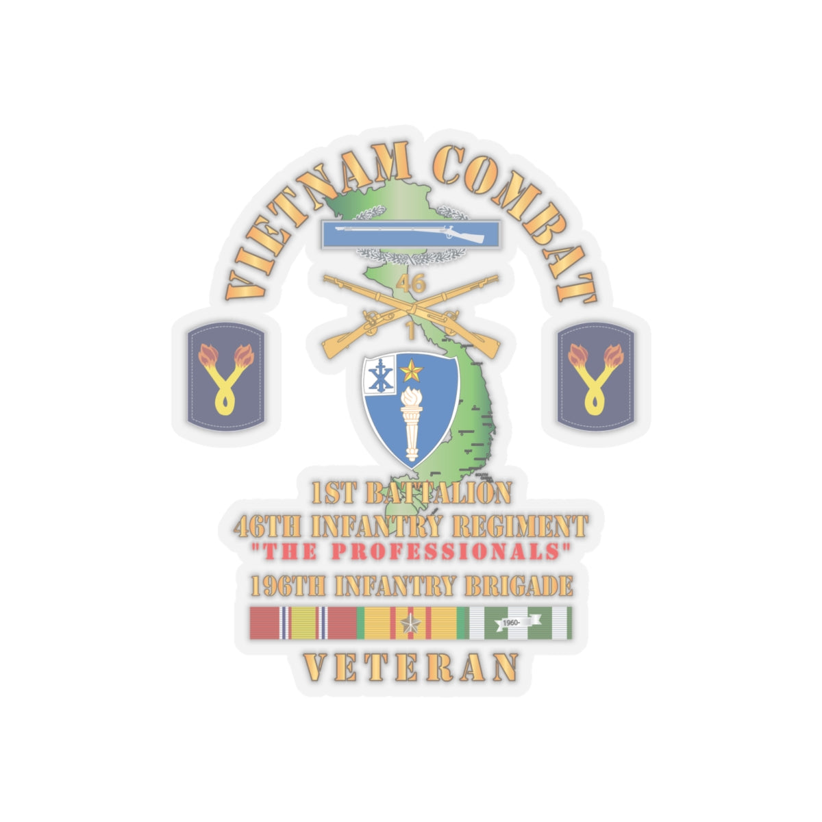 Kiss-Cut Stickers - Army - Vietnam Combat Veteran w 1st Bn 46th Inf Regt -The Professionals w DUI - CIB - 196th Inf Bde X 300