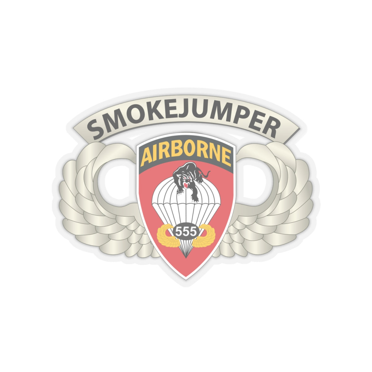 Kiss-Cut Stickers - Army - Airborne Badge - 555th Parachute Infantry Bn - SSI w SmokeJumper Tab