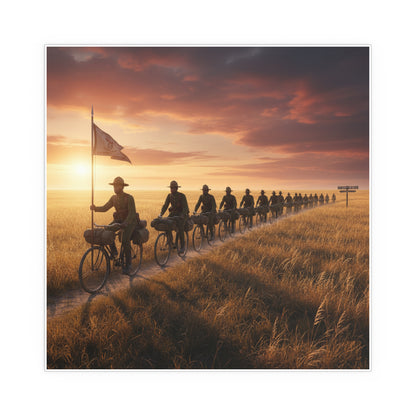 Indoor and Outdoor Silk Posters - E Company 25th Infantry Buffalo Soldiers Bicycle Corps with Guidon on the Prairie at Sunset