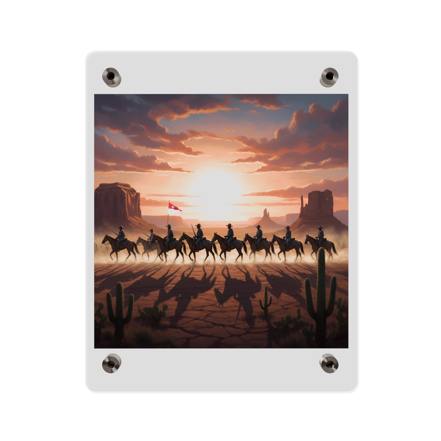 Acrylic Wall Art Panel - 10th Cavalry on Patrol in the sunset w 10th Cav Guidon