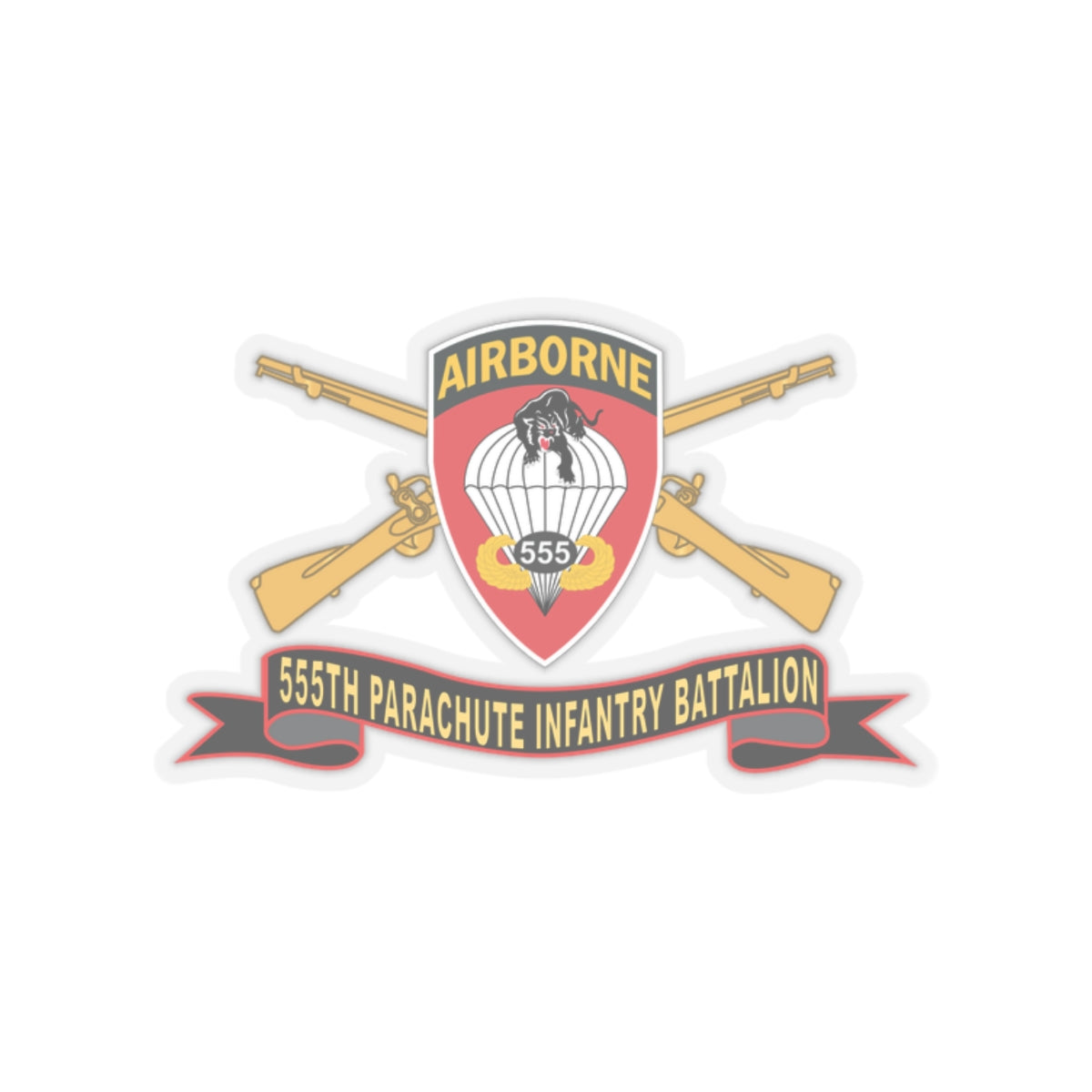 Kiss-Cut Stickers - Army - 555th Parachute Infantry Battalion - SSI - Black - Red w Br - Ribbon