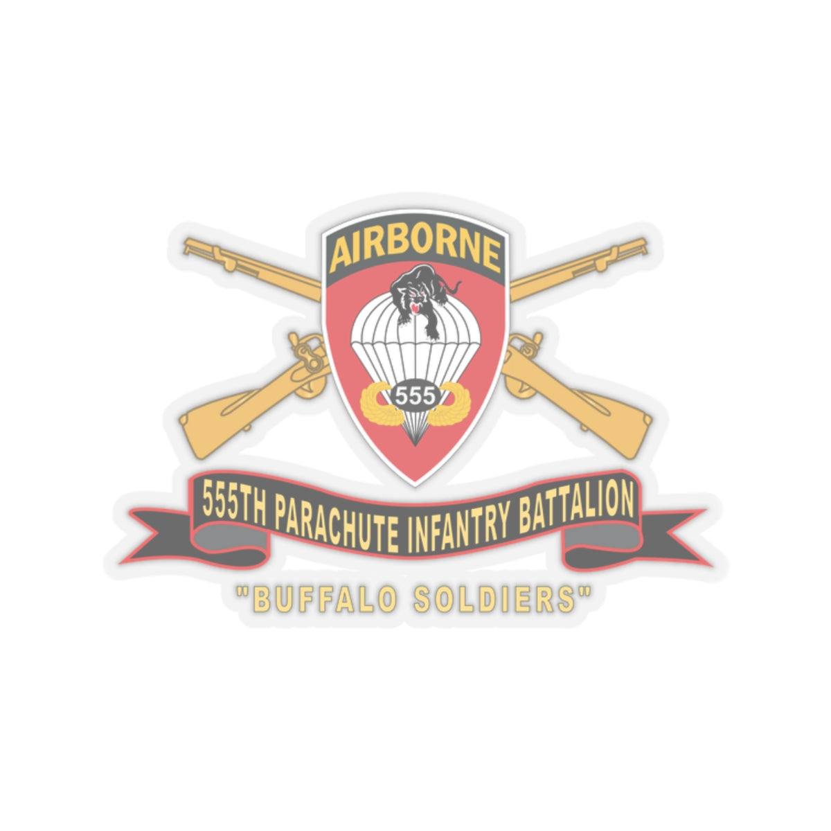 Kiss-Cut Stickers - Army - 555th Parachute Infantry Battalion - SSI - Black - Red Buffalo Soldiers w Br - Rib