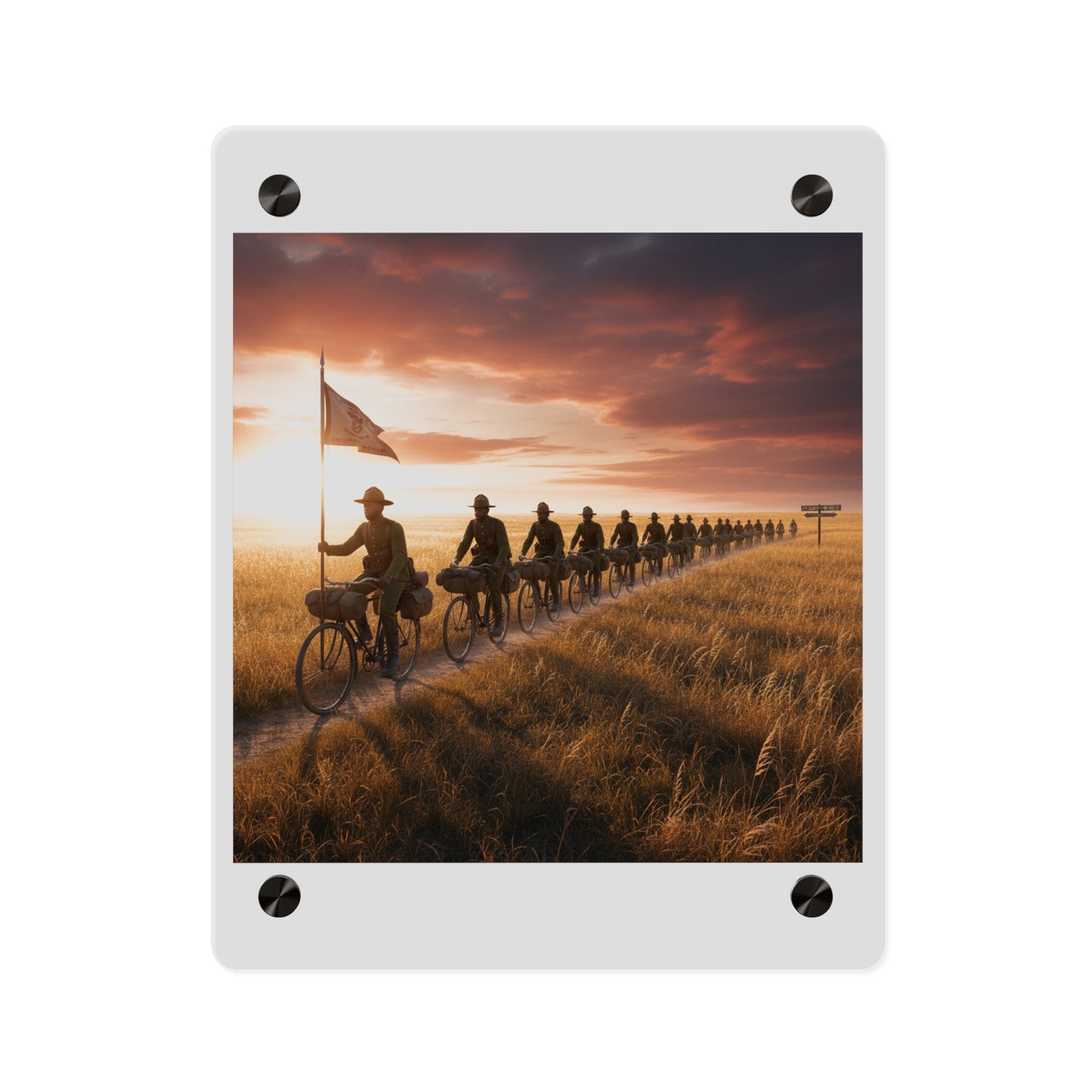 Acrylic Wall Art Panel - E Company 25th Infantry Buffalo Soldiers Bicycle Corps with Guidon on the Prairie at Sunset