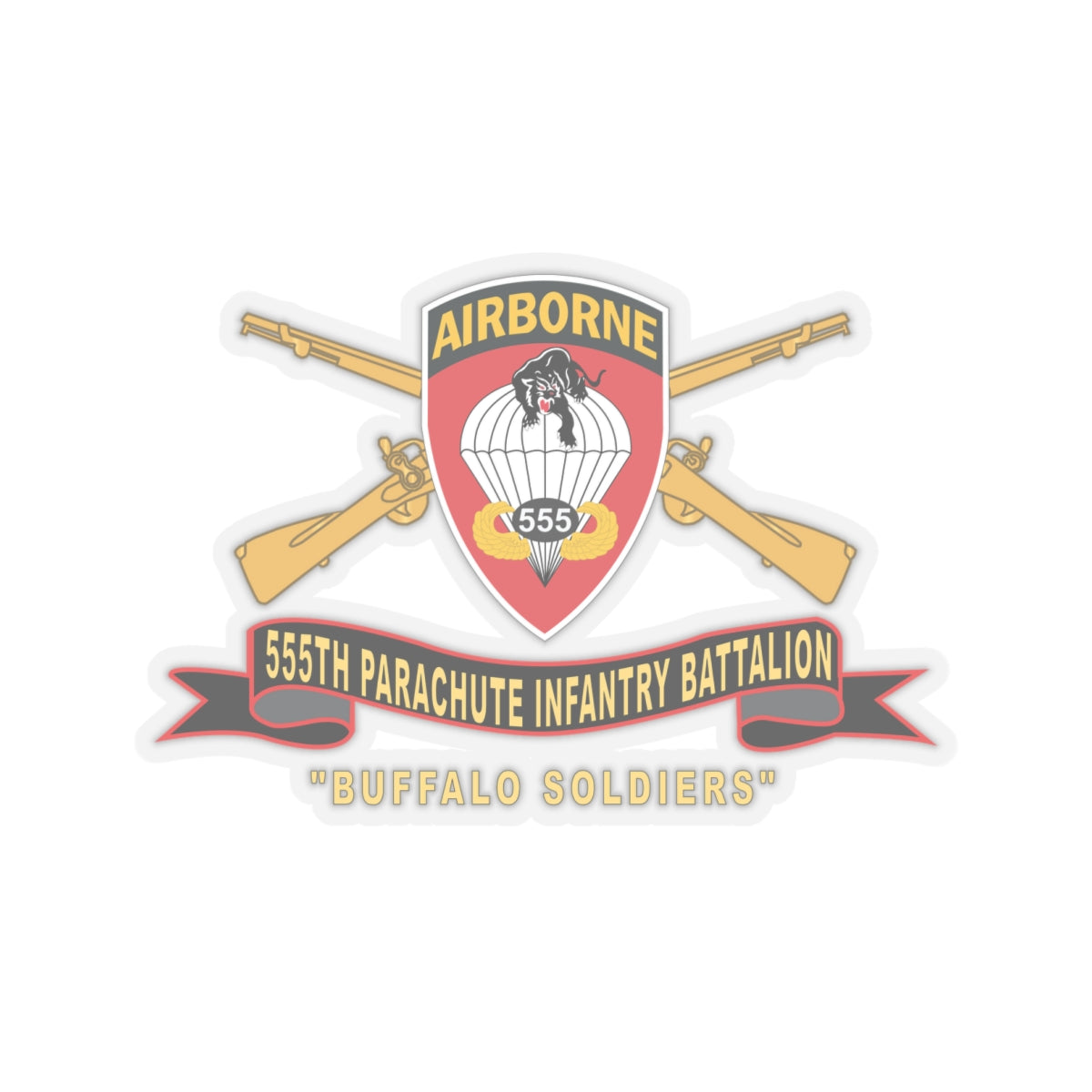 Kiss-Cut Stickers - Army - 555th Parachute Infantry Battalion - SSI - Black - Red Buffalo Soldiers w Br - Rib