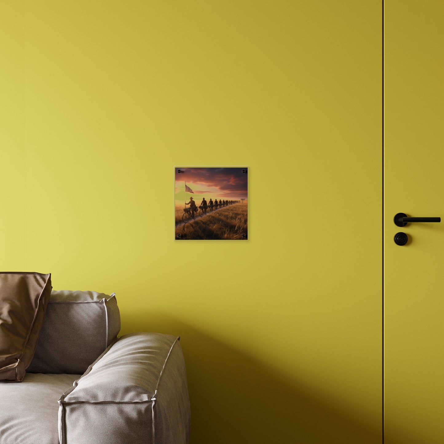 Acrylic Wall Art Panel - E Company 25th Infantry Buffalo Soldiers Bicycle Corps with Guidon on the Prairie at Sunset