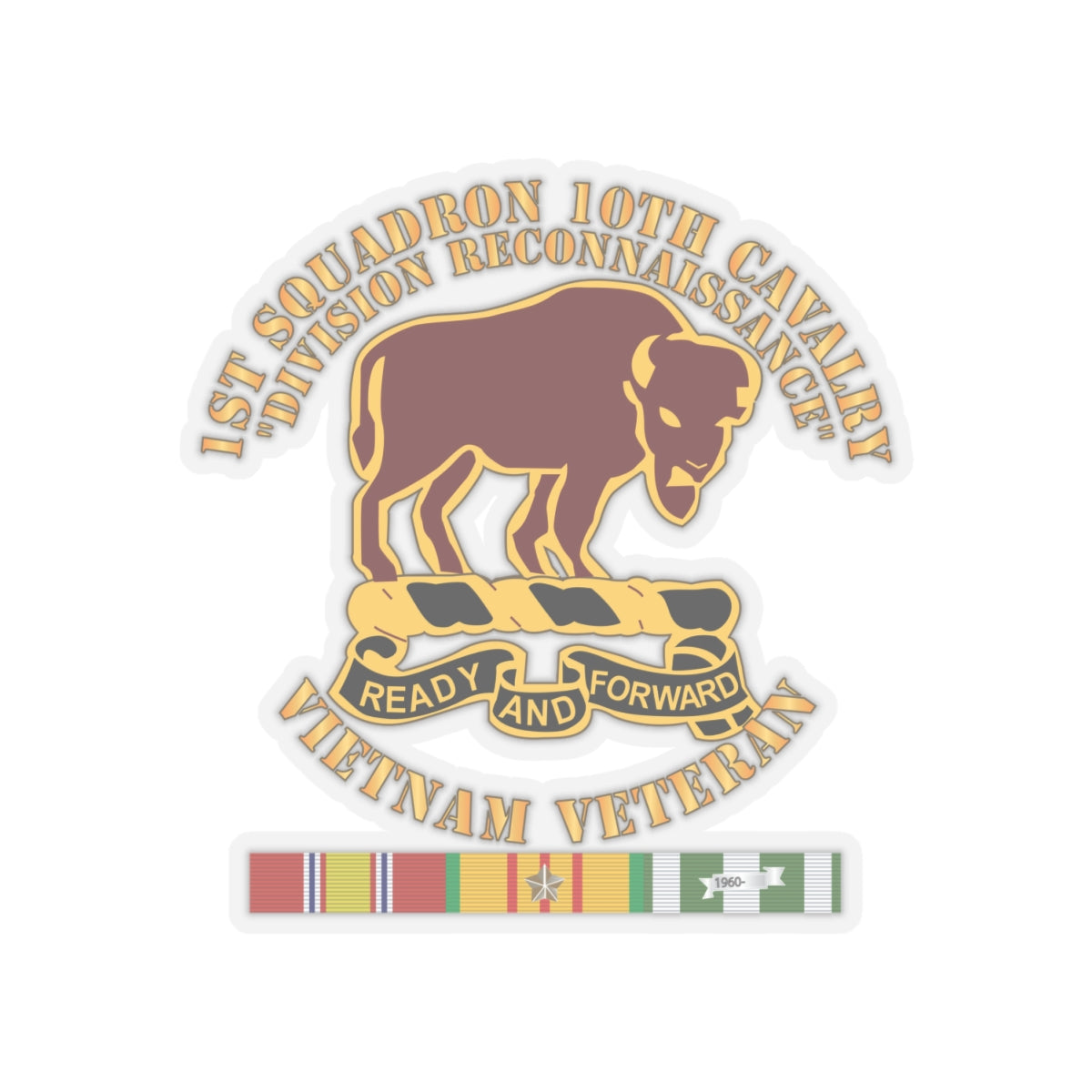 Kiss-Cut Stickers - Army - 1st Squadron, 10th Cavalry w SVC Ribbon X 300