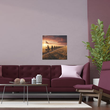 Indoor and Outdoor Silk Posters - E Company 25th Infantry Buffalo Soldiers Bicycle Corps with Guidon on the Prairie at Sunset