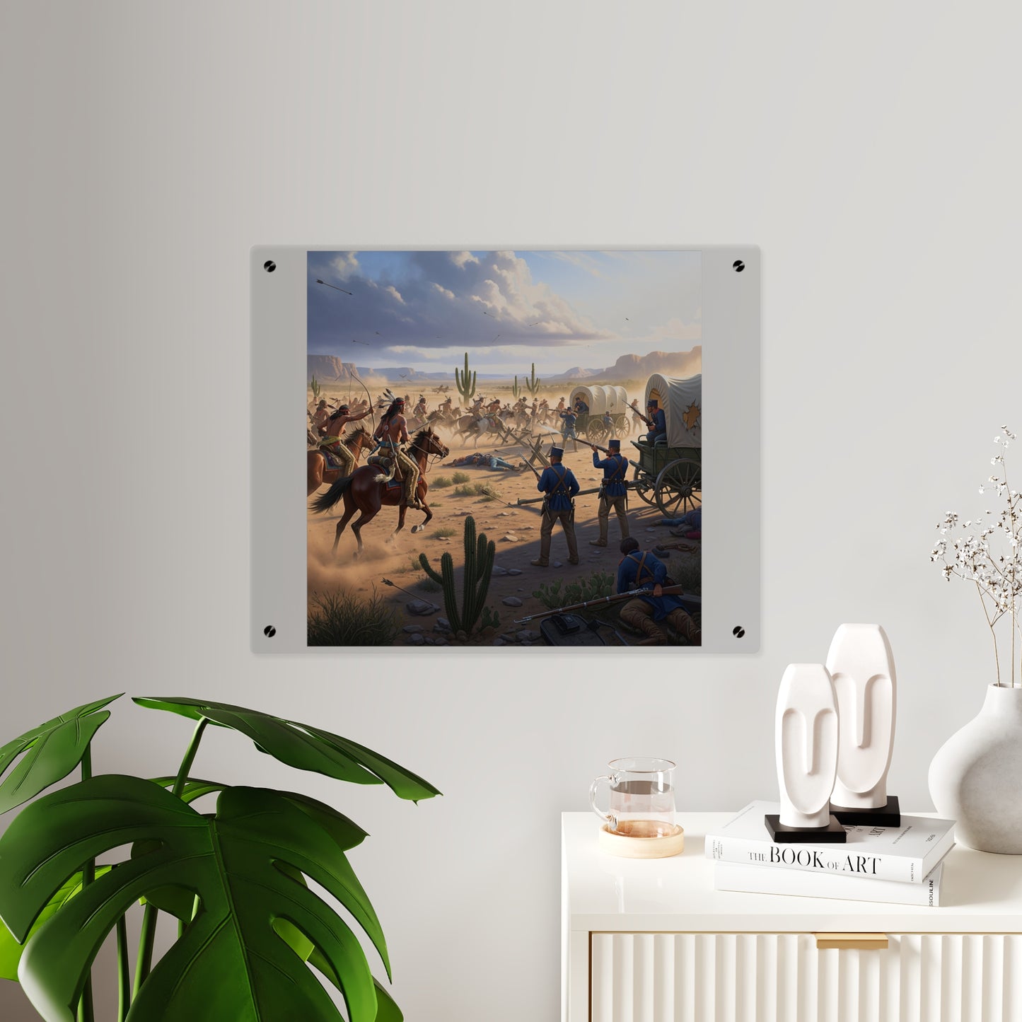 Acrylic Wall Art Panel - Apache Indians attacking a US Army defending a wagon train
