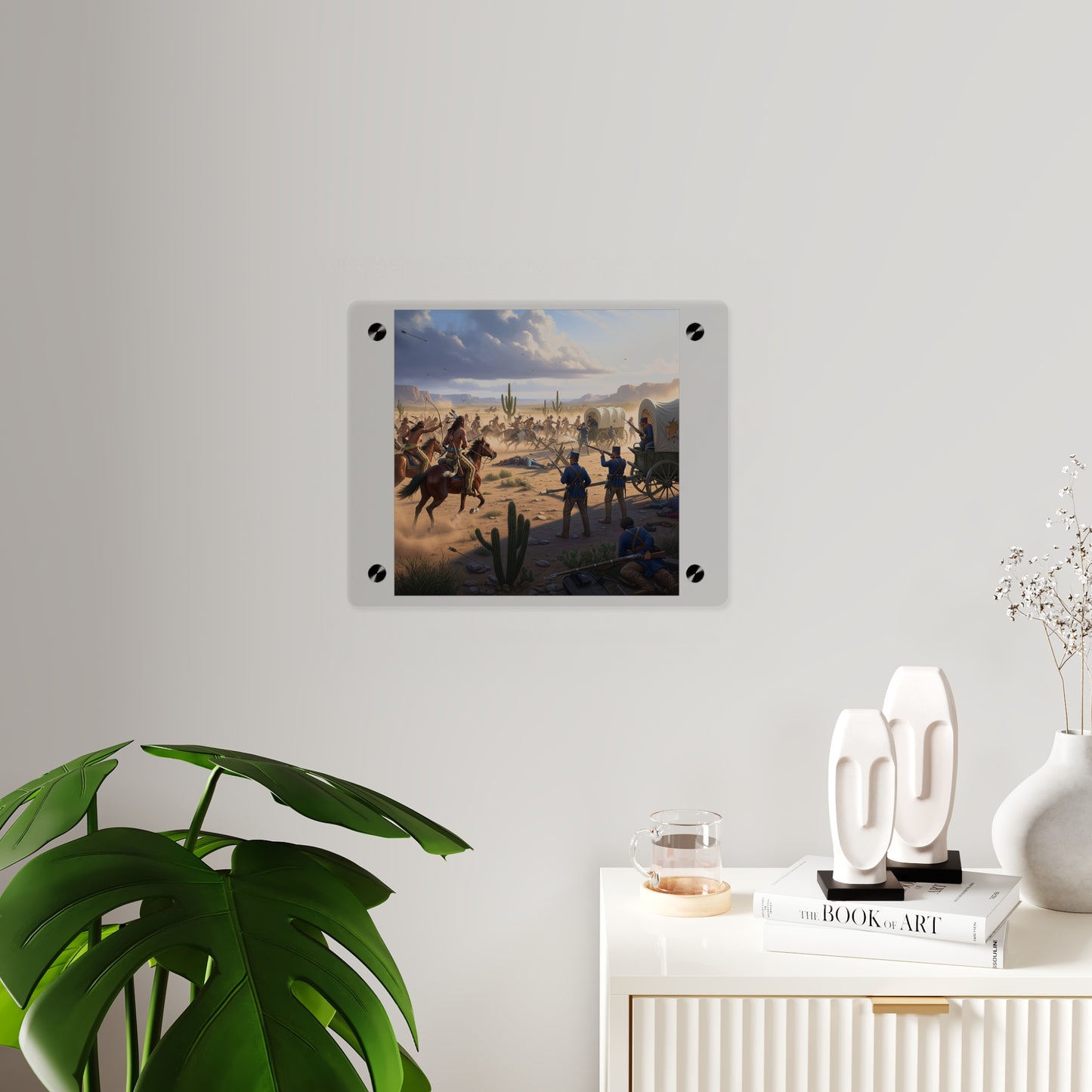 Acrylic Wall Art Panel - Apache Indians attacking a US Army defending a wagon train