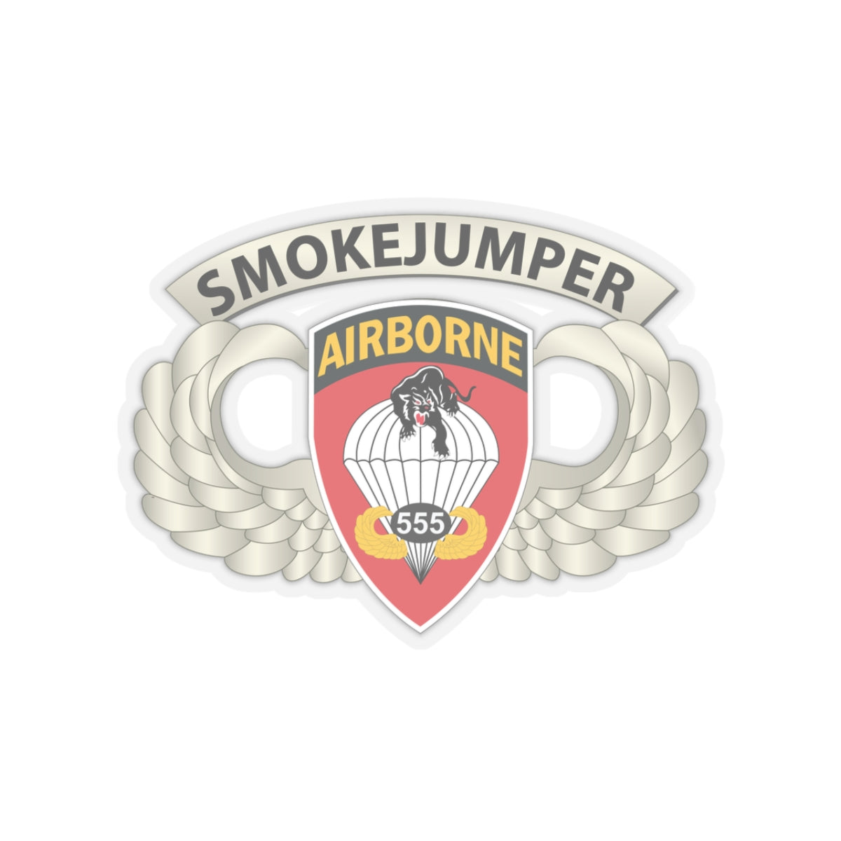 Kiss-Cut Stickers - Army - Airborne Badge - 555th Parachute Infantry Bn - SSI w SmokeJumper Tab