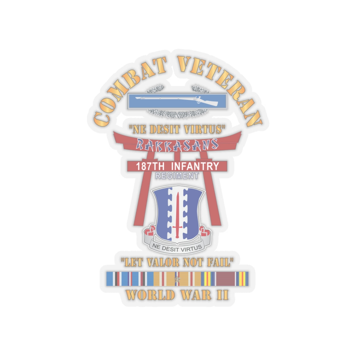 Kiss-Cut Stickers - Army - Combat Veteran - 187th Infantry Regiment - Torii, Rakkasans, Let Valor Not Fail, English, Latin w CIB w WWII PAC SVC