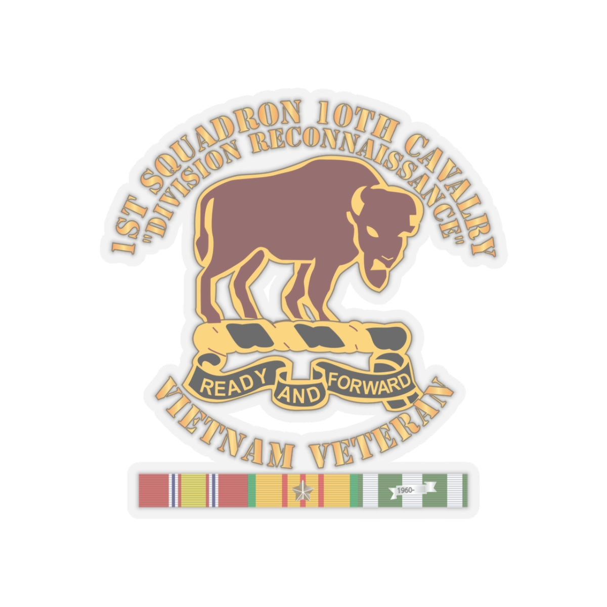 Kiss-Cut Stickers - Army - 1st Squadron, 10th Cavalry w SVC Ribbon X 300