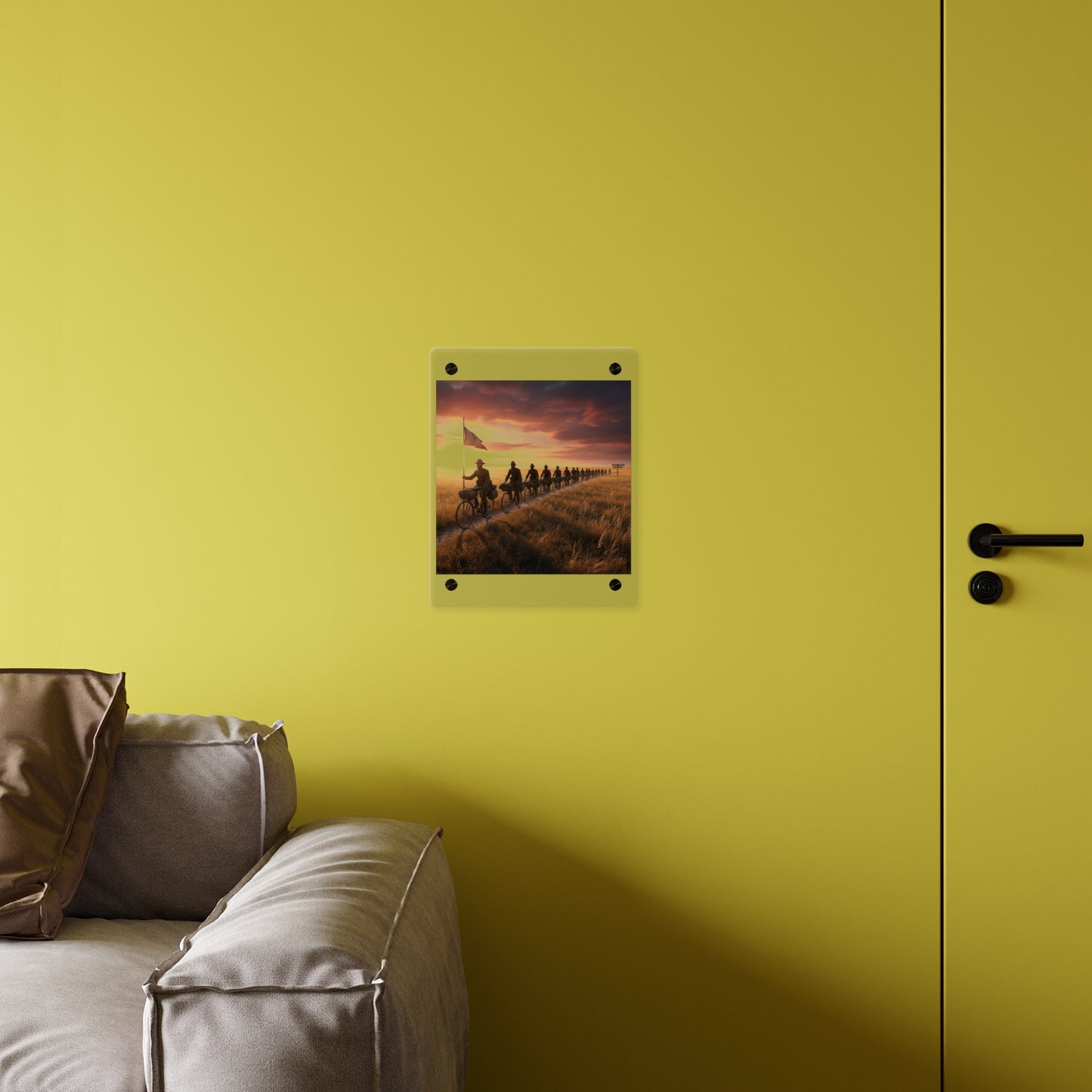 Acrylic Wall Art Panel - E Company 25th Infantry Buffalo Soldiers Bicycle Corps with Guidon on the Prairie at Sunset