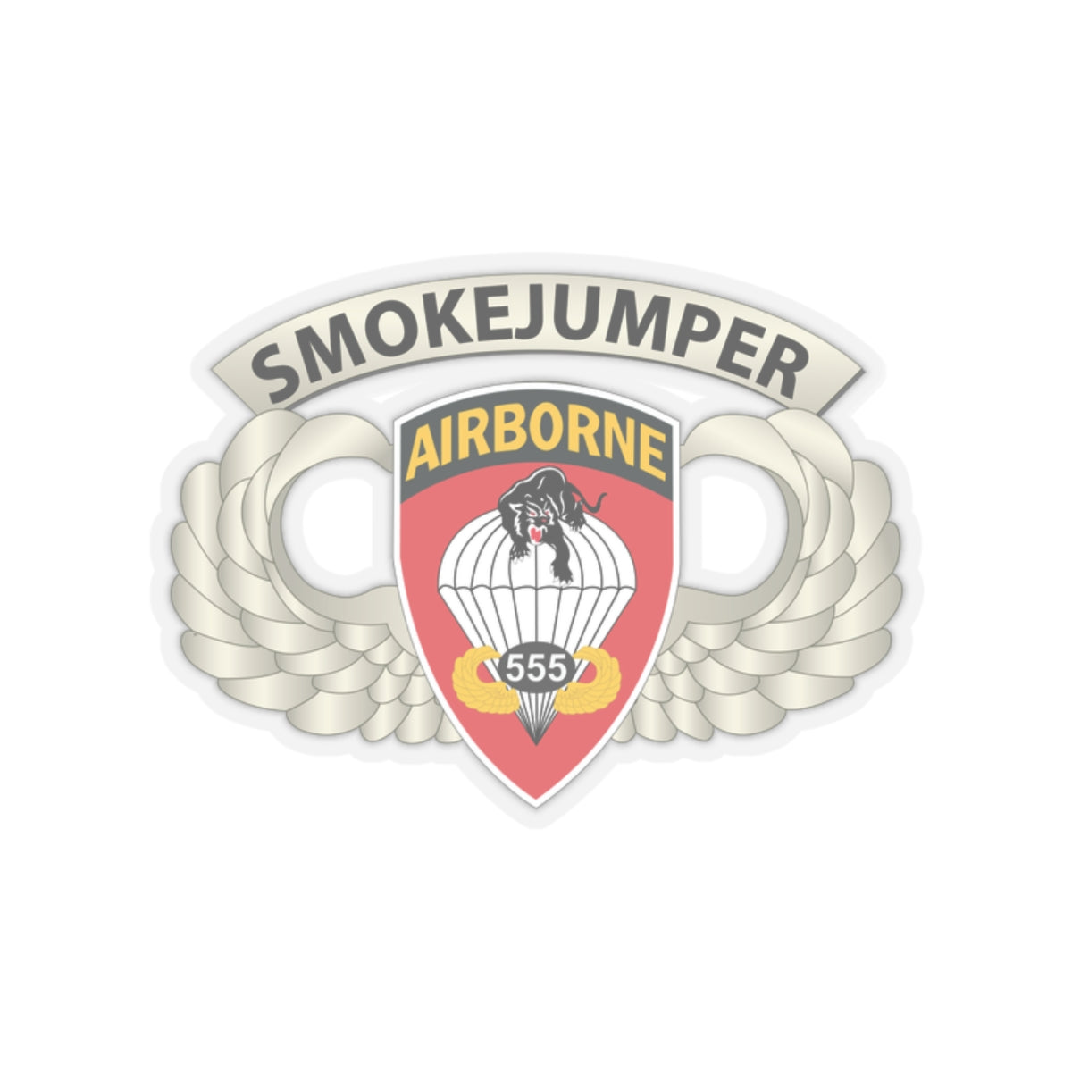 Kiss-Cut Stickers - Army - Airborne Badge - 555th Parachute Infantry Bn - SSI w SmokeJumper Tab