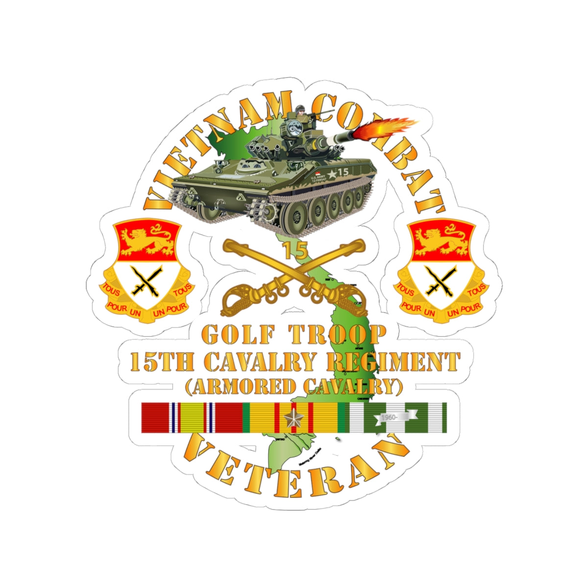 Kiss-Cut Stickers - Army - Vietnam Combat Veteran w  15th Cavalry Regiment - Armored Cav w VN SVC