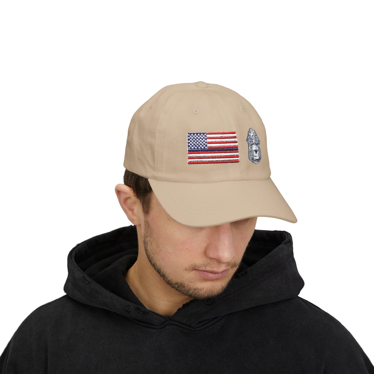 Hat - Classic Dad Cap American Flag with Police Blue Stripe and Badge