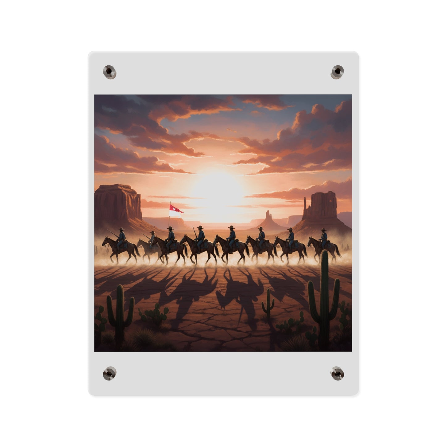 Acrylic Wall Art Panel - 10th Cavalry on Patrol in the sunset w 10th Cav Guidon