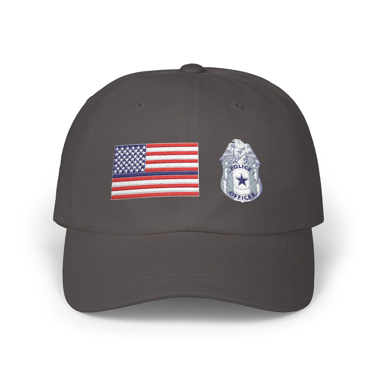 Hat - Classic Dad Cap American Flag with Police Blue Stripe and Badge