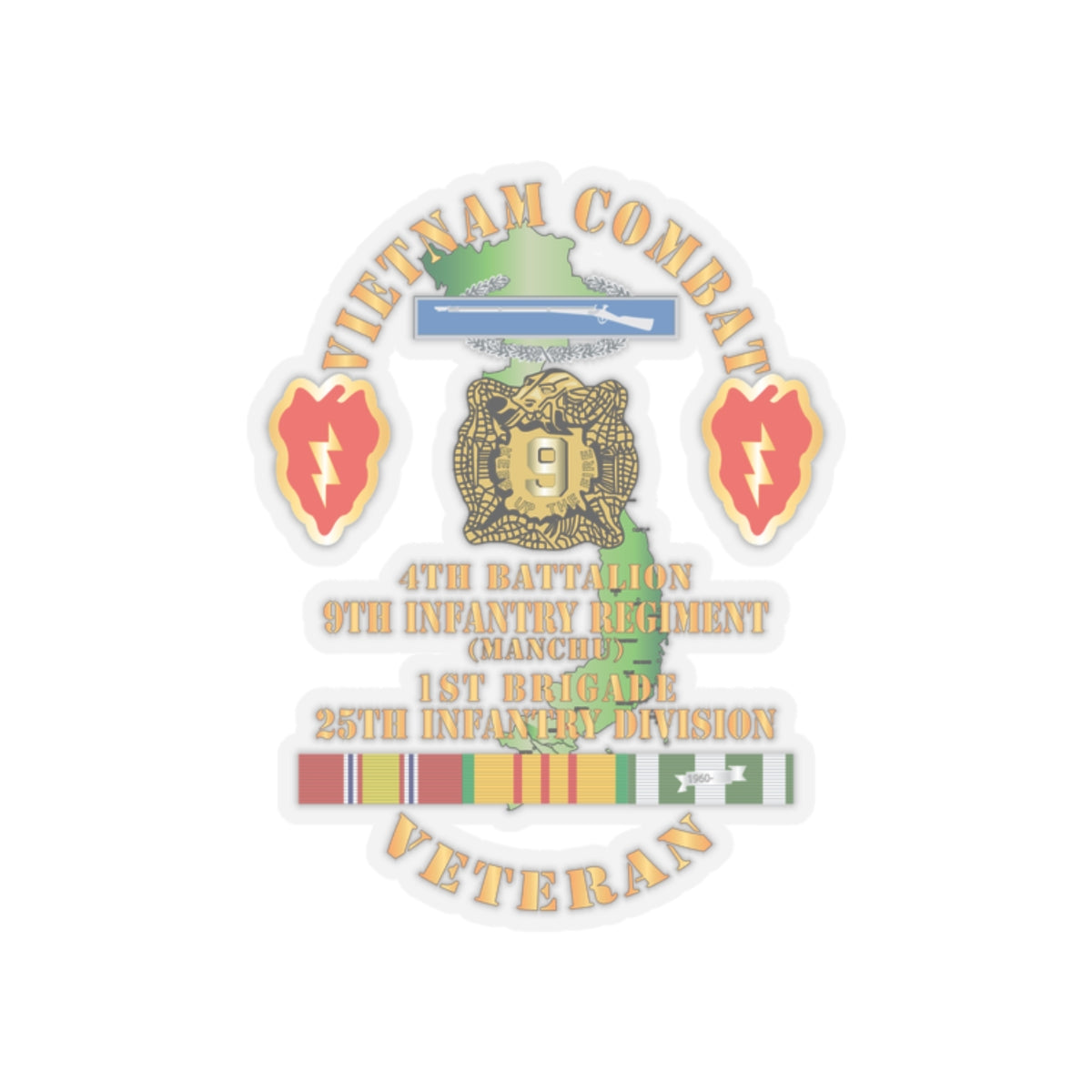 Kiss-Cut Stickers - Army - Vietnam Combat Infantry Veteran w 4th Bn 9th Infantry - Manchu - 25th ID SSI X 300