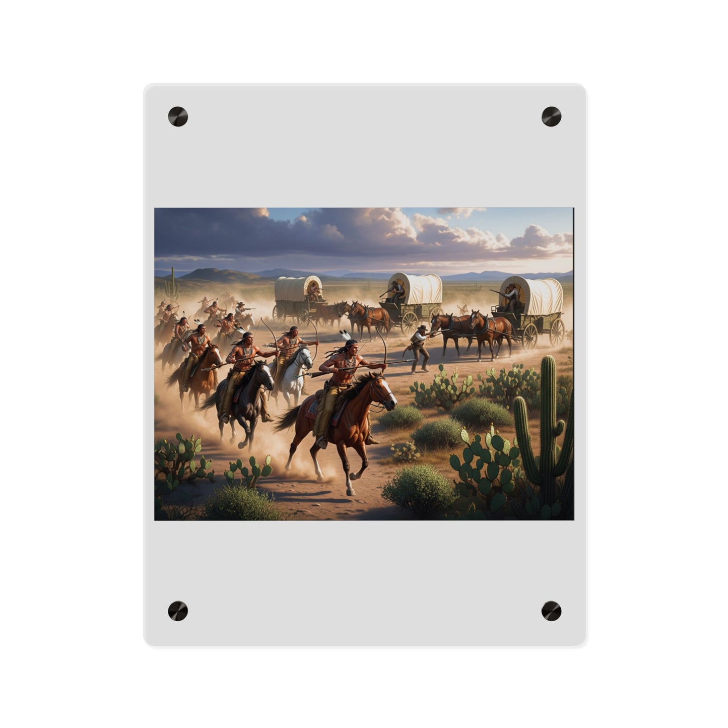 Acrylic Wall Art Panel - Apache Indians attacking a wagon train