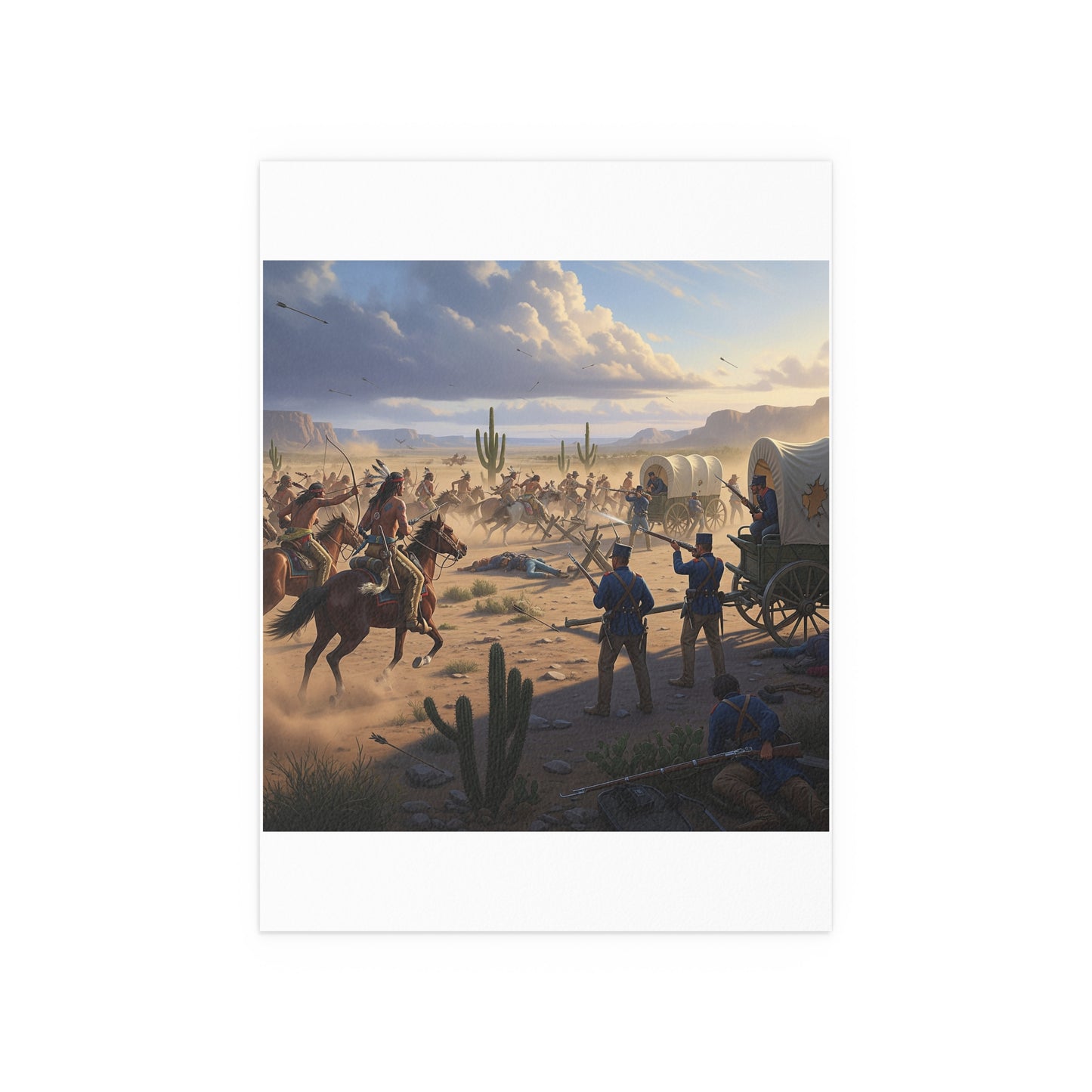 Indoor and Outdoor Silk Posters - Apache Indians attacking a US Army defending a wagon train