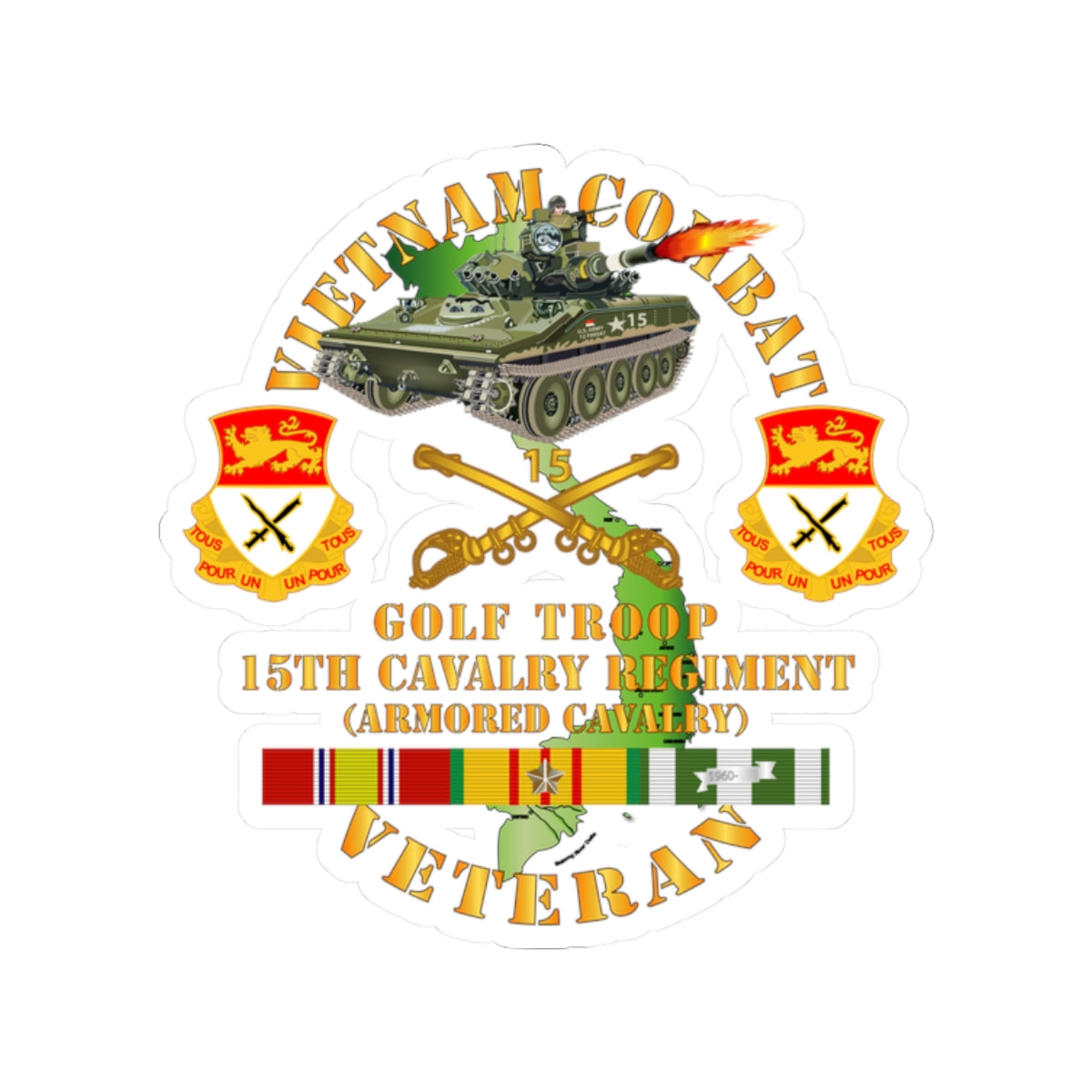 Kiss-Cut Stickers - Army - Vietnam Combat Veteran w  15th Cavalry Regiment - Armored Cav w VN SVC