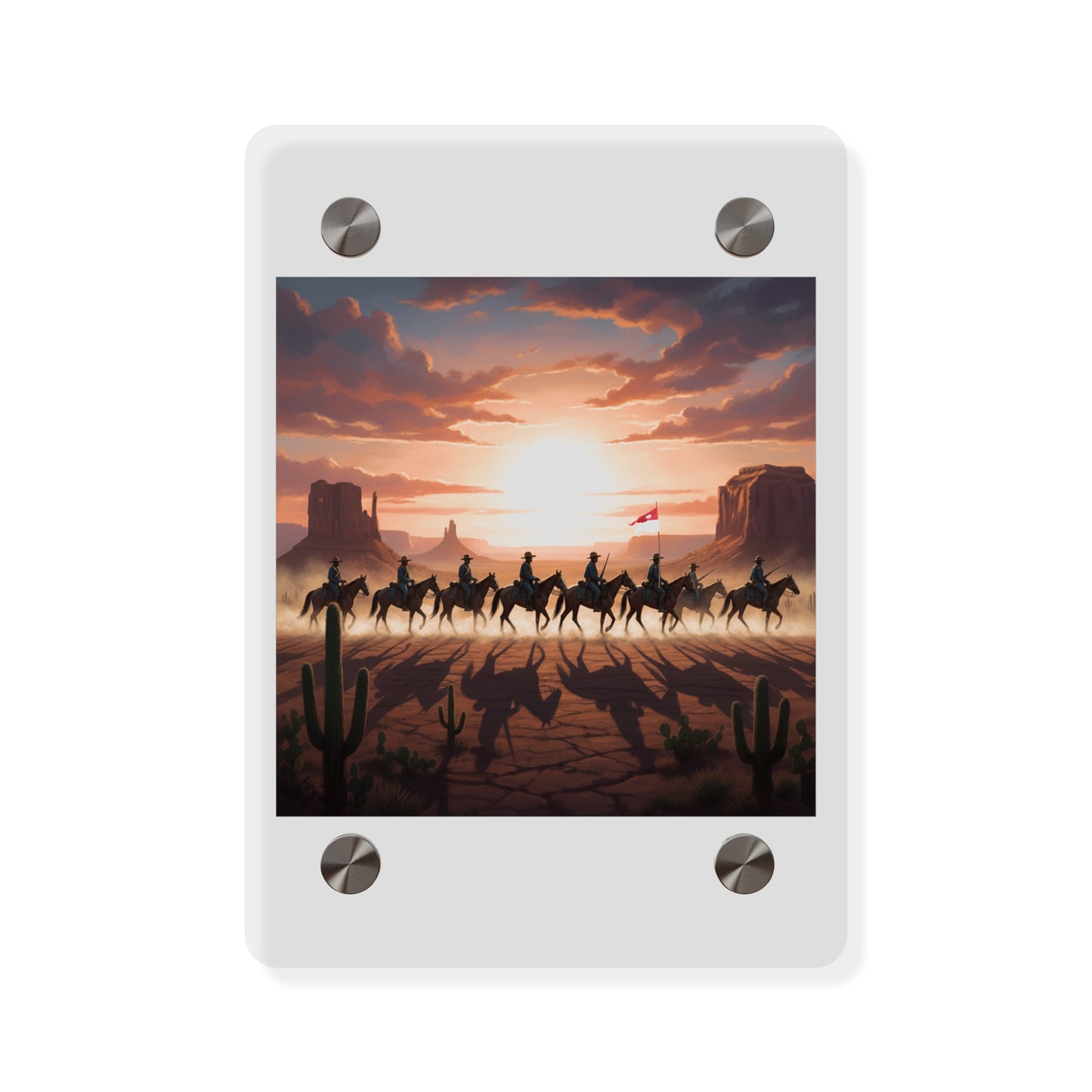 Acrylic Wall Art Panel - 10th Cavalry on Patrol in the sunset w 10th Cav Guidon