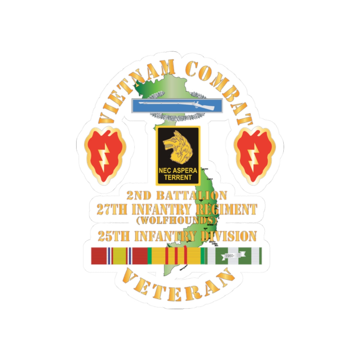 Kiss-Cut Stickers - Army - Vietnam Combat Infantry Veteran w 2nd Bn 27th Inf - Wolfhounds - 25th ID SSI X 300