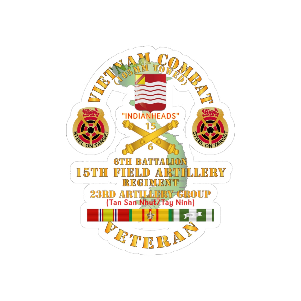 Kiss-Cut Stickers - Army - Vietnam Combat Vet - 6th Bn 15th Artillery - 23rd Artillery Group w105mm