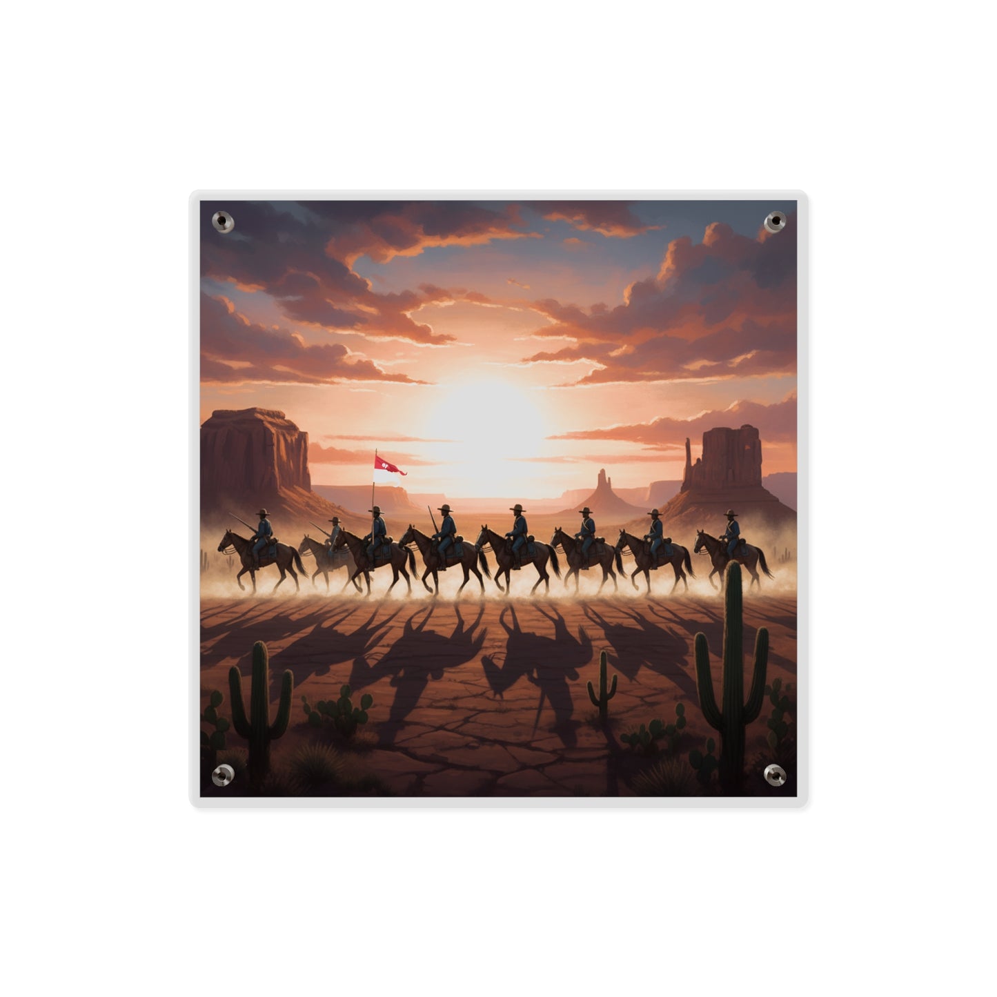 Acrylic Wall Art Panel - 10th Cavalry on Patrol in the sunset w 10th Cav Guidon
