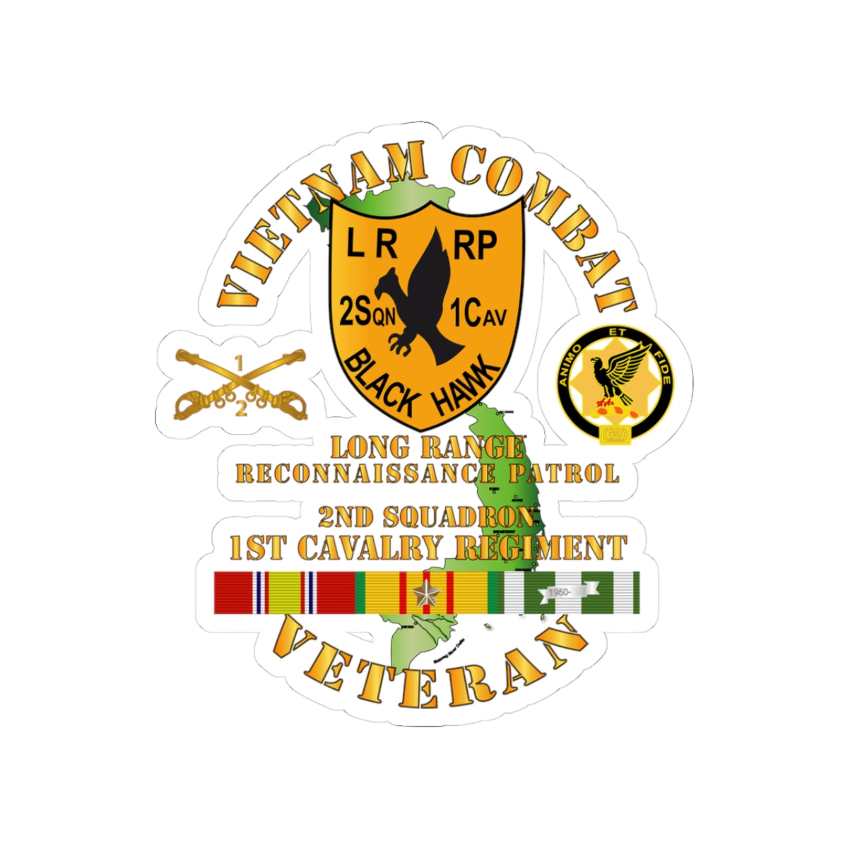 Kiss-Cut Stickers - Army - Vietnam Combat Veteran - 2nd Squadron, 1st Cav Regt  LRRP - Black Hawk w VN SVC